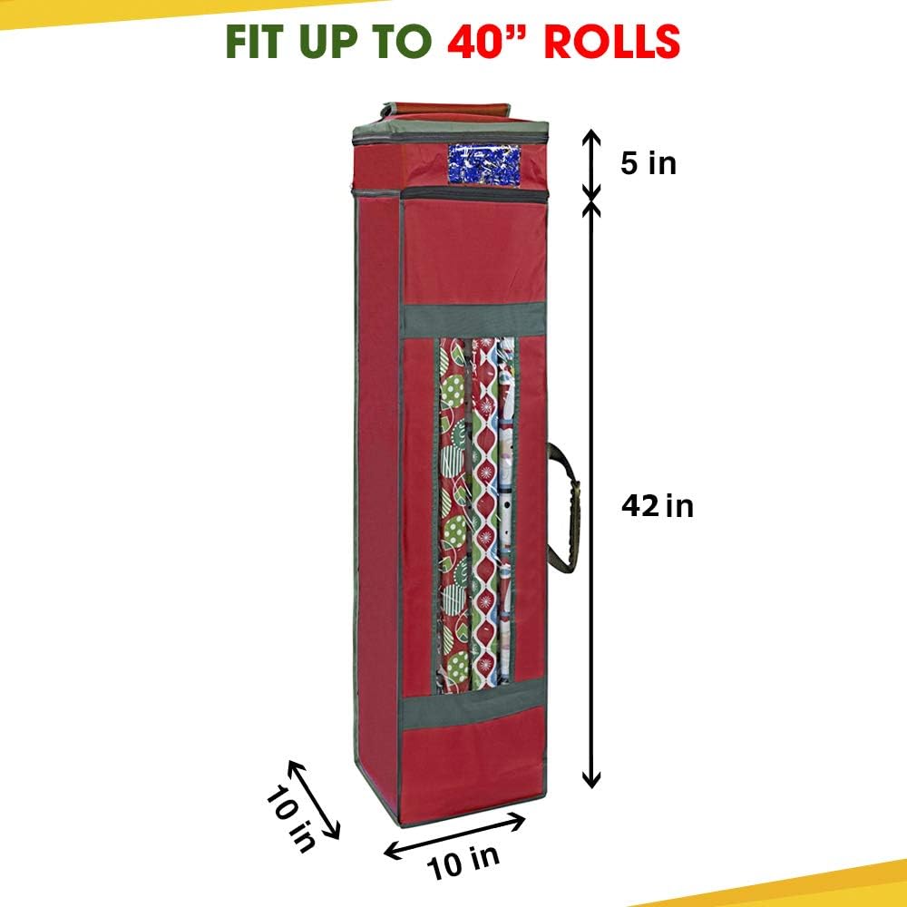 ProPik Wrapping Paper Storage Bag with Pocket and Handles Including Hanging Loop Heavy Duty Material with Clear Window 47 x 10 x 10 Inch Fits 40 Inch Long Rolls (Red, 1 Count)
