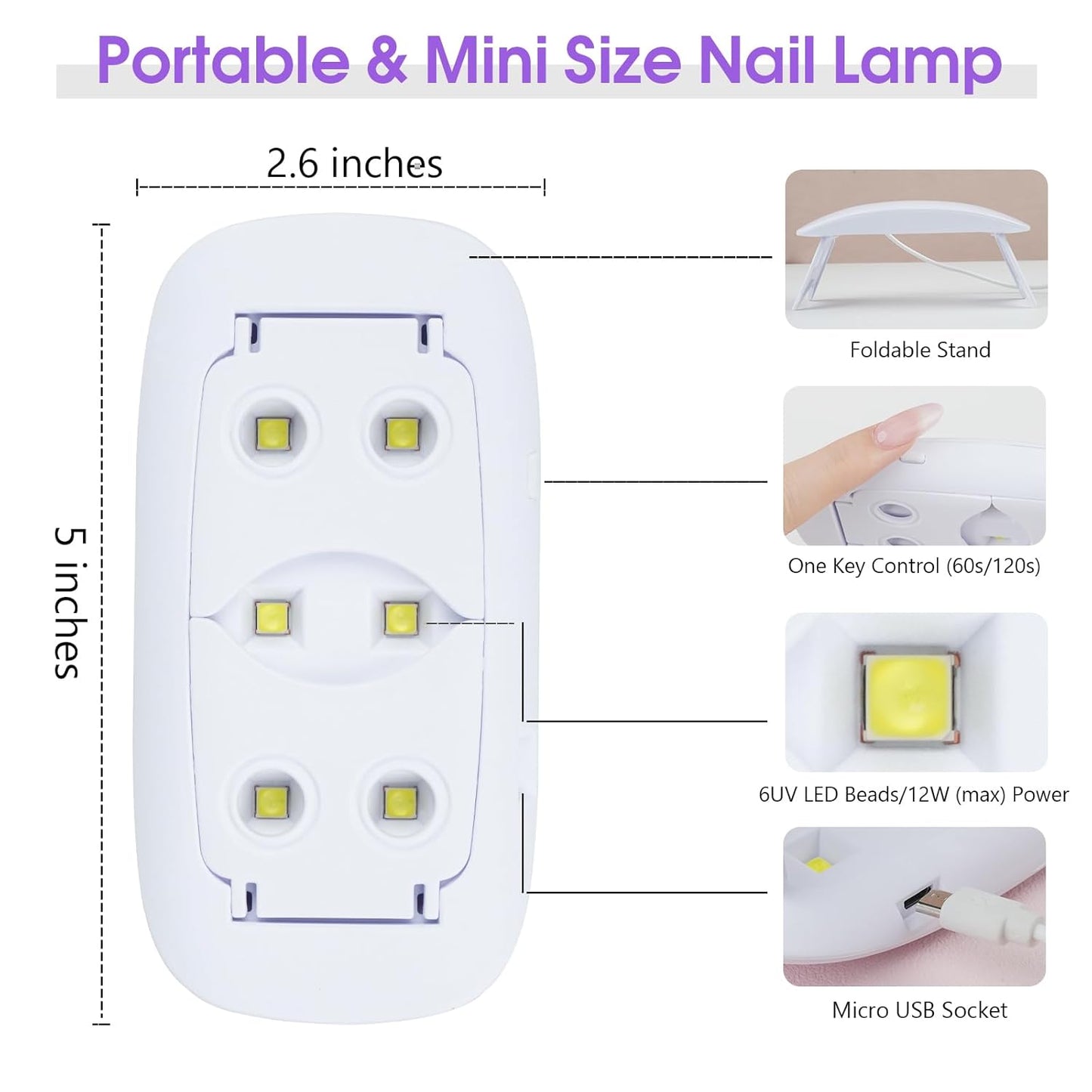 Mini Led UV Nail Lamp, 6W USB Portable Uv Light for Gel Nails, Flash Curing Nail Dryer Lamp with 2 Timers Setting 60s/120s for Nail Art Salon, Home DIY