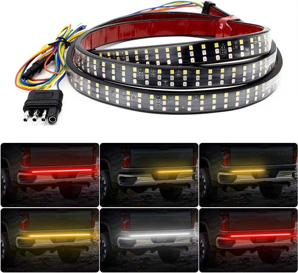 Tailgate Light Bar 60 Inch Triple Row Tail light bar for Pickup Trailer SUV RV VAN Full Function Red Brake White Reverse Amber Turn Signal double flash Light No Drill Install (60inch)