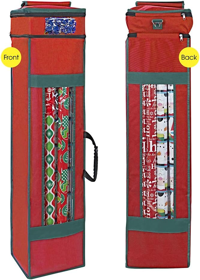 ProPik Wrapping Paper Storage Bag with Pocket and Handles Including Hanging Loop Heavy Duty Material with Clear Window 47 x 10 x 10 Inch Fits 40 Inch Long Rolls (Red, 1 Count)
