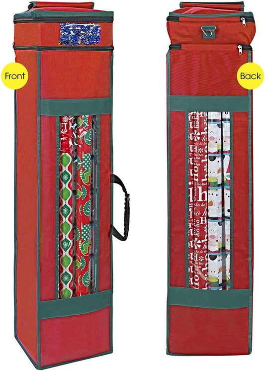 ProPik Wrapping Paper Storage Bag with Pocket and Handles Including Hanging Loop Heavy Duty Material with Clear Window 47 x 10 x 10 Inch Fits 40 Inch Long Rolls (Red, 1 Count)