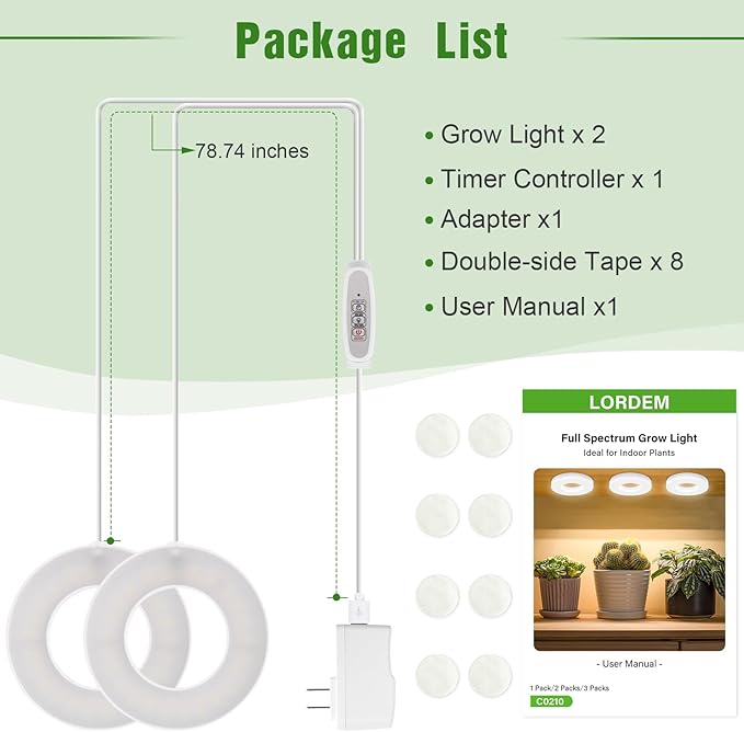 Ceiling Grow Light for Indoor Plants, 96 LEDs Full Spectrum LED Plant Light, 5V Plant Lamp with 4/8/12H Auto Switch, 4 Dimmable Brightness Levels, Ideal for Small Plants, Dual Head, Corded