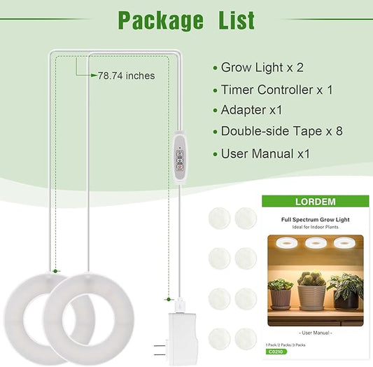 Ceiling Grow Light for Indoor Plants, 96 LEDs Full Spectrum LED Plant Light, 5V Plant Lamp with 4/8/12H Auto Switch, 4 Dimmable Brightness Levels, Ideal for Small Plants, Dual Head, Corded