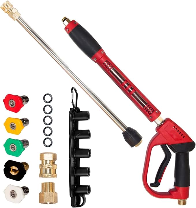 Pressure Washer Gun, Hourleey, Red High Power Washer Gun with Replacement Wand Extension, 5 Nozzle Tips, M22 Fittings, 40 Inch, 5000 PS