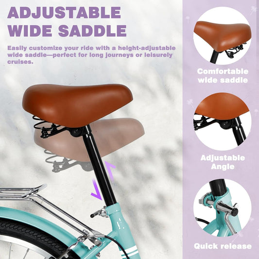 Beach Cruiser Bike for Adult, Womens Bicycle with Rattan Front Basket, 26 Inch Comfort Bikes with Adjustable Seat and Dual V-Brake, Green