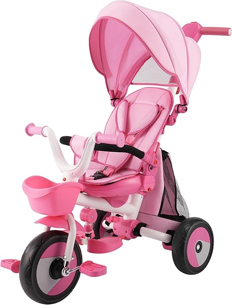 Baby Tricycle, 4-in-1 Folding Toddler Tricycle with Adjustable Parent Handle, Removable Canopy, Rotatable Seat, Safety Harness & Srorage, Kids Trike for 18 Months - 5 Year Old, Pink