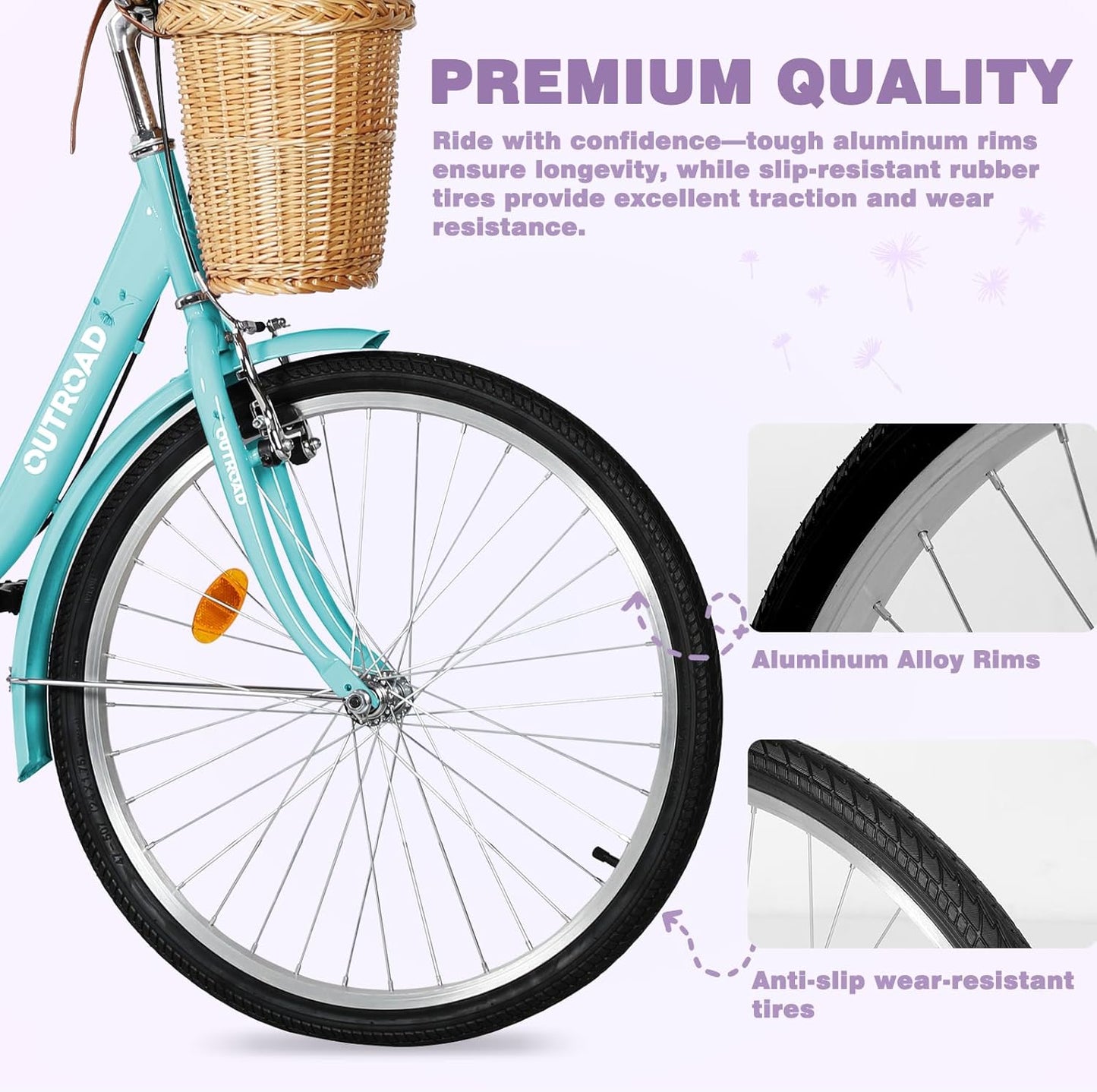 Beach Cruiser Bike for Adult, Womens Bicycle with Rattan Front Basket, 26 Inch Comfort Bikes with Adjustable Seat and Dual V-Brake, Green