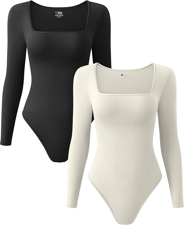 OQQ Women's 2 Piece Bodysuits Sexy Ribbed One Piece Square Neck Long Sleeve Bodysuits