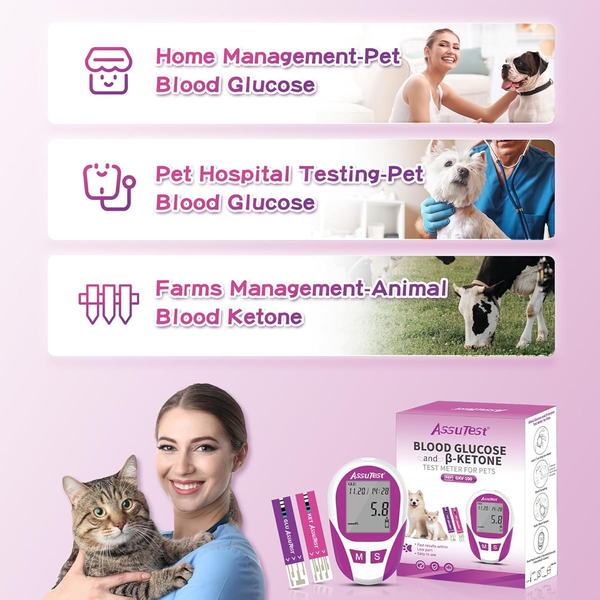 AssuTest® Blood Glucose & Blood Ketone Test Meter for Pets Cats and Dogs Diabetic Ketoacidosis Testing Monitor Kit - All in One Solution for in-Clinic or at Home, Comes with User Guide, Test Strips, Diary, and Case.