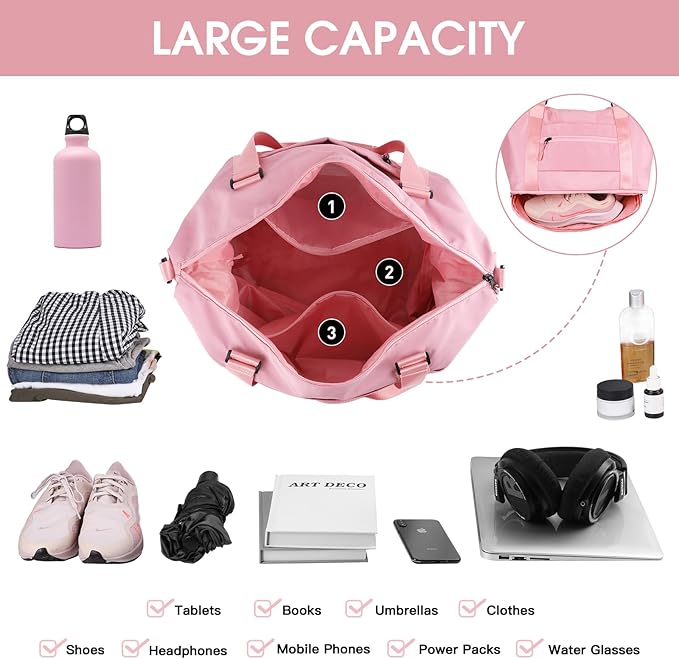 BALEINE Travel Tote Bag for Women, Weekender Carry-on Tote, Large Duffel Bag Gym Bag Overnight Bag with Wet Compartment