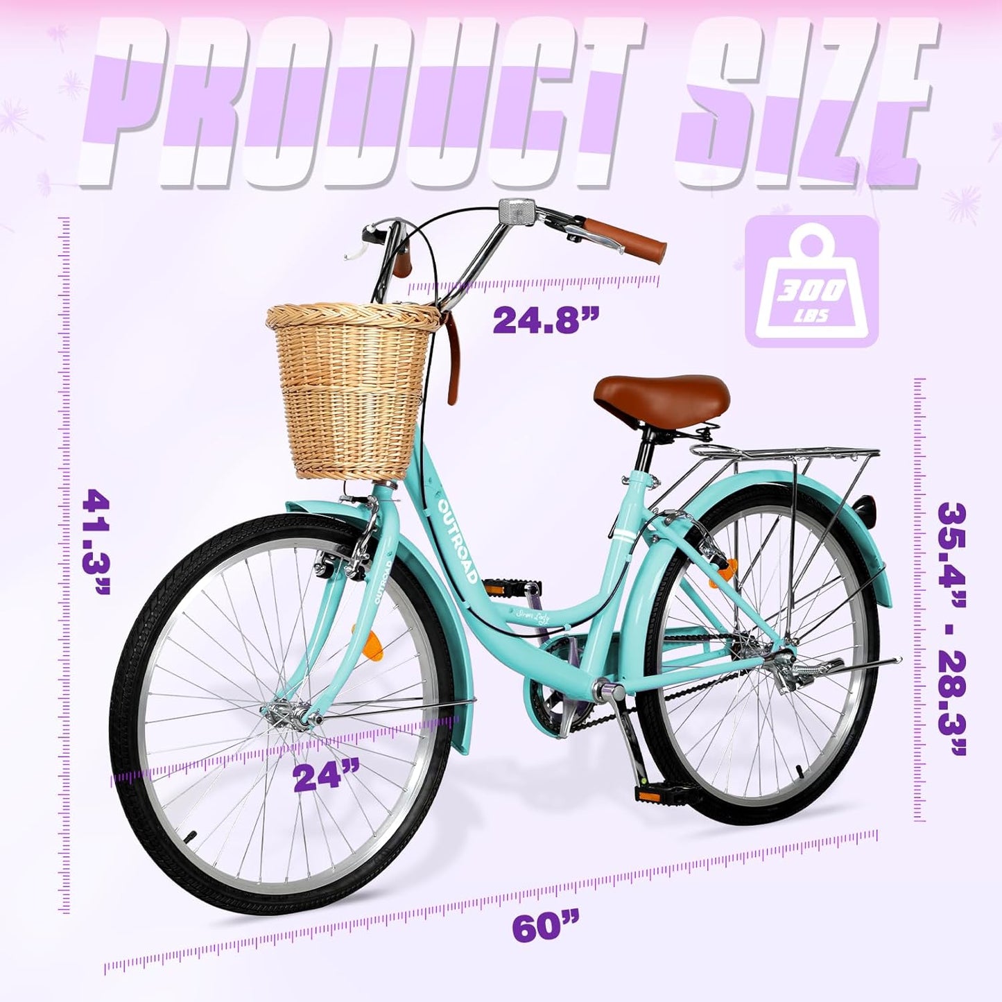 Beach Cruiser Bike for Adult, Womens Bicycle with Rattan Front Basket, 26 Inch Comfort Bikes with Adjustable Seat and Dual V-Brake, Green