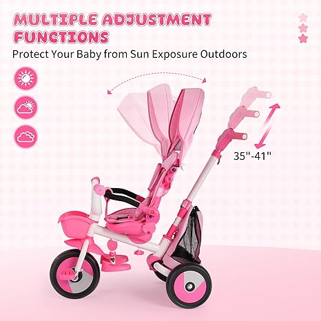 Baby Tricycle, 4-in-1 Folding Toddler Tricycle with Adjustable Parent Handle, Removable Canopy, Rotatable Seat, Safety Harness & Srorage, Kids Trike for 18 Months - 5 Year Old, Pink