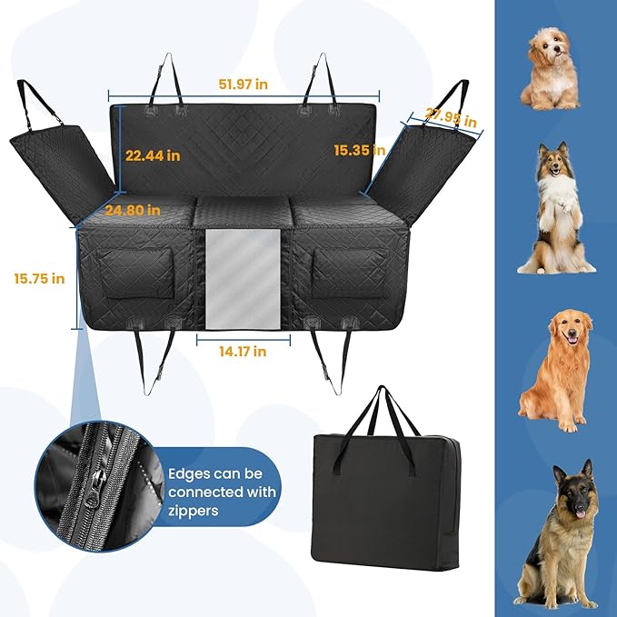 Back Seat Extender for Dogs, Dog Car Seat Cover Hard Bottom Holds 400lbs, Large Space, Waterproof Dog Car Seat Cover Hard Bottom-Detachable and Foldable, Dog Car Bed for Car, SUV, Truck