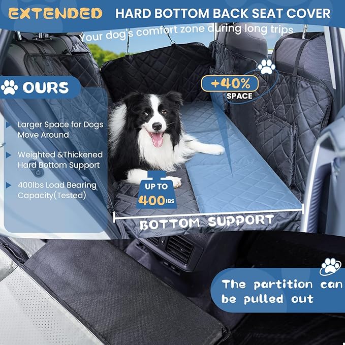 Back Seat Extender for Dogs, Dog Car Seat Cover Hard Bottom Holds 400lbs, Large Space, Waterproof Dog Car Seat Cover Hard Bottom-Detachable and Foldable, Dog Car Bed for Car, SUV, Truck