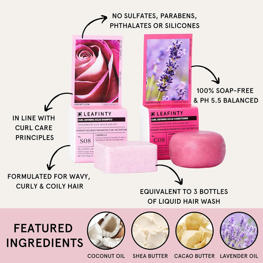 Solid Shampoo Bar & Conditioner Bar Set for Curly, Wavy, Coily and Kinky Hair, Lavender & Vanilla Shampoo Bar & Conditioner Bar - Sulfate Free, Natural, Sustainable, Zero Waste, 3.52oz
