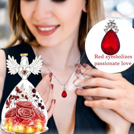 Mothers Day Preserved Rose Gifts for Women Mom Grandma Wife,Glass Angel Figurines with LED Light,Four Real Rose Flowers Sweet Pink