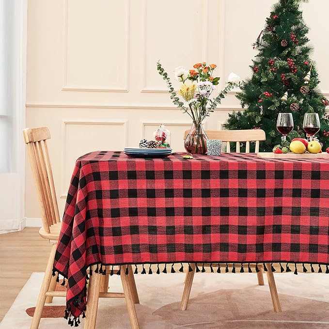 Buffalo Plaid Rectangular Tablecloth-Cotton Gingham Table Cloth for Kitchen Restaurant Farmhouse Christmas Holiday Decor (Rectangle/Oblong, 55x120,Red and Black)