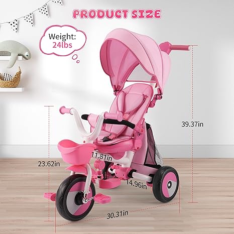 Baby Tricycle, 4-in-1 Folding Toddler Tricycle with Adjustable Parent Handle, Removable Canopy, Rotatable Seat, Safety Harness & Srorage, Kids Trike for 18 Months - 5 Year Old, Pink