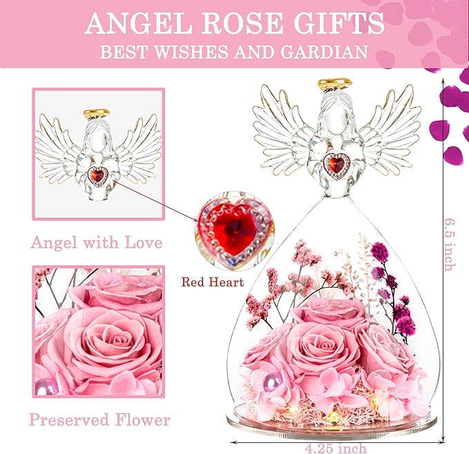 Mothers Day Preserved Rose Gifts for Women Mom Grandma Wife,Glass Angel Figurines with LED Light,Four Real Rose Flowers Sweet Pink