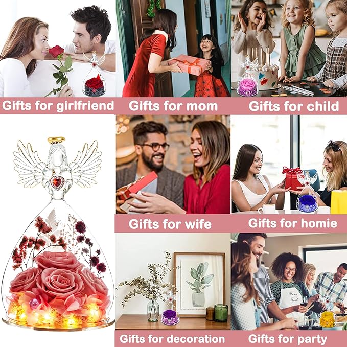 Mothers Day Preserved Rose Gifts for Women Mom Grandma Wife,Glass Angel Figurines with LED Light,Four Real Rose Flowers Sweet Pink