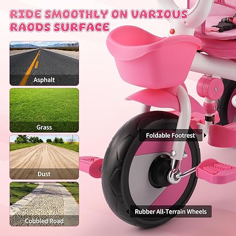 Baby Tricycle, 4-in-1 Folding Toddler Tricycle with Adjustable Parent Handle, Removable Canopy, Rotatable Seat, Safety Harness & Srorage, Kids Trike for 18 Months - 5 Year Old, Pink