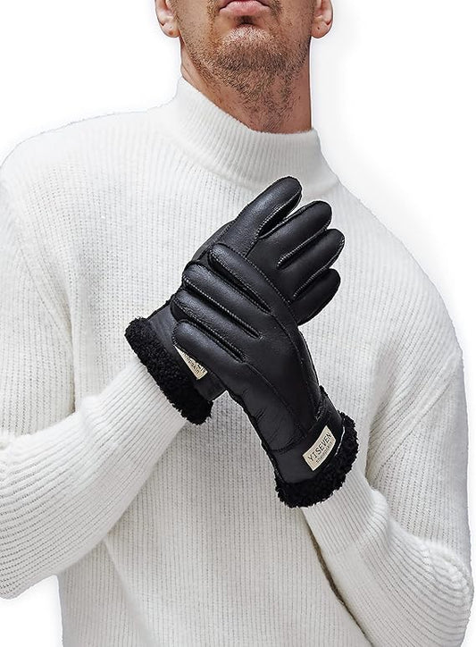 YISEVEN Men's Winter Shearling Sheepskin Gloves with Logo