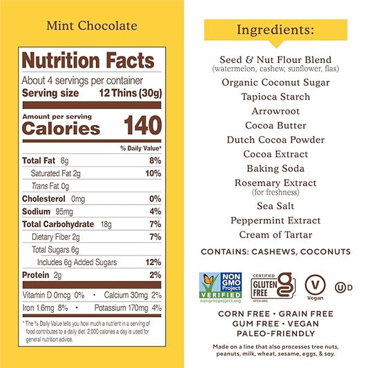 Simple Mills Sweet Thins Cookies, Seed and Nut Flour, Mint Chocolate - Gluten Free, Paleo Friendly, Healthy Snacks, 4.25 Ounce (Pack of 6)