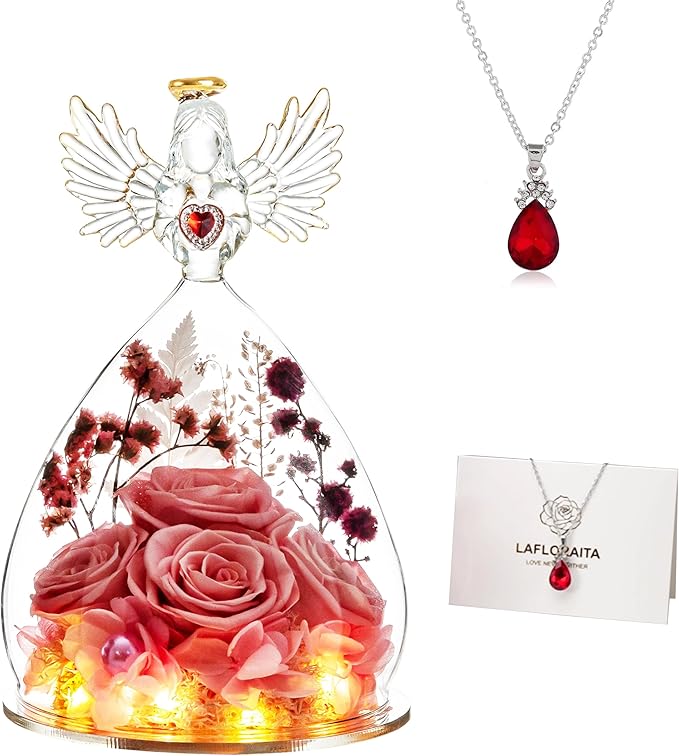 Mothers Day Preserved Rose Gifts for Women Mom Grandma Wife,Glass Angel Figurines with LED Light,Four Real Rose Flowers Sweet Pink