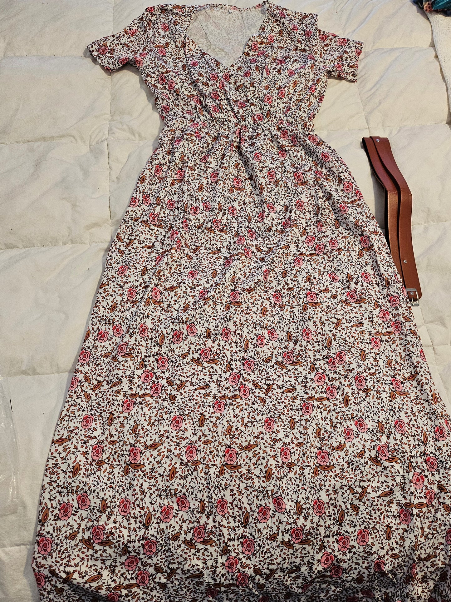 Small, long floral wrap dress with belt