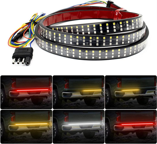 Tailgate Light Bar 60 Inch Triple Row Tail light bar for Pickup Trailer SUV RV VAN Full Function Red Brake White Reverse Amber Turn Signal double flash Light No Drill Install (60inch)