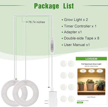 Ceiling Grow Light for Indoor Plants, 96 LEDs Full Spectrum LED Plant Light, 5V Plant Lamp with 4/8/12H Auto Switch, 4 Dimmable Brightness Levels, Ideal for Small Plants, Dual Head, Corded