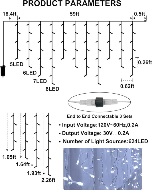 Christmas Outdoor Icicle Lights 624 LED 59FT with 96 Drops, Icicle LLights For Outside Cool White Waterproof for Roof/Gutter/Wedding, 8 Modes & Remote, Timer, Energy-Efficient Holiday Decorations