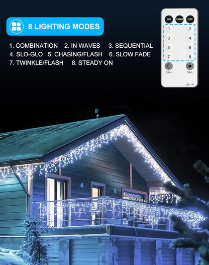 Christmas Outdoor Icicle Lights 624 LED 59FT with 96 Drops, Icicle LLights For Outside Cool White Waterproof for Roof/Gutter/Wedding, 8 Modes & Remote, Timer, Energy-Efficient Holiday Decorations