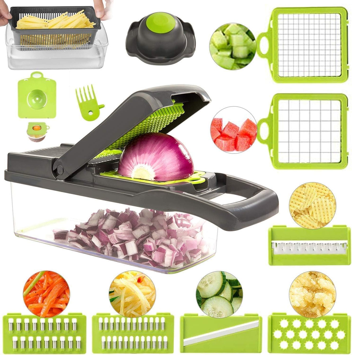 Veggie slicer 16 pieces (Gray, 1) 16 pieces hand operated vegetable slicer, veggie chopper, food chopper, onion cutter.