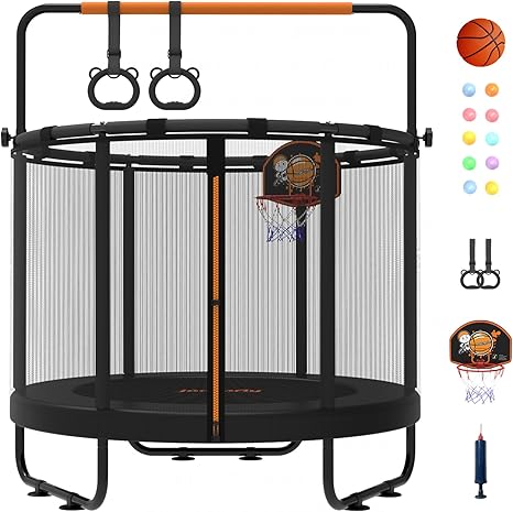 jumpfly 5ft/60'' Trampoline For Kids,Toddler Trampoline Indoor&OutDoor With Adjustable Gym Bar,Mini Kids Trampoline For Ages 1-6,Small Trampoline For Baby With Net,Gift, BastketBall Hoop