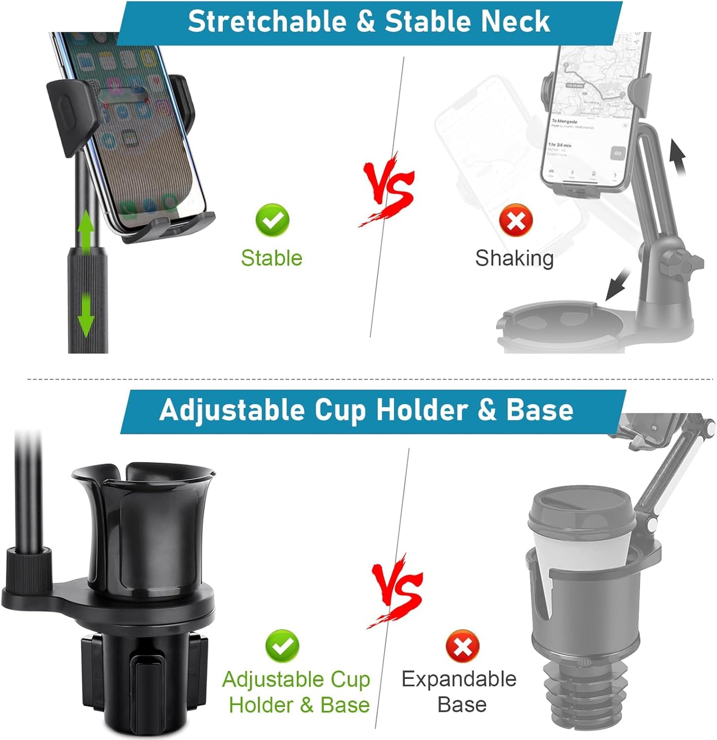 Uncaddn 2 in 1 Cup Phone Holder for Car, Stretchable Long Neck