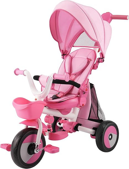 Baby Tricycle, 4-in-1 Folding Toddler Tricycle with Adjustable Parent Handle, Removable Canopy, Rotatable Seat, Safety Harness & Srorage, Kids Trike for 18 Months - 5 Year Old, Pink