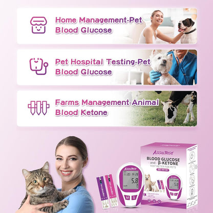 AssuTest® Blood Glucose & Blood Ketone Test Meter for Pets Cats and Dogs Diabetic Ketoacidosis Testing Monitor Kit - All in One Solution for in-Clinic or at Home, Comes with User Guide, Test Strips, Diary, and Case.