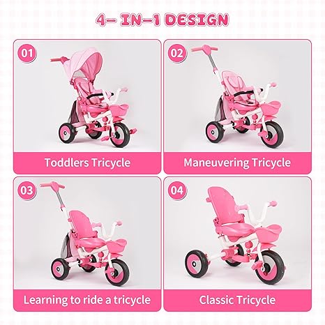 Baby Tricycle, 4-in-1 Folding Toddler Tricycle with Adjustable Parent Handle, Removable Canopy, Rotatable Seat, Safety Harness & Srorage, Kids Trike for 18 Months - 5 Year Old, Pink