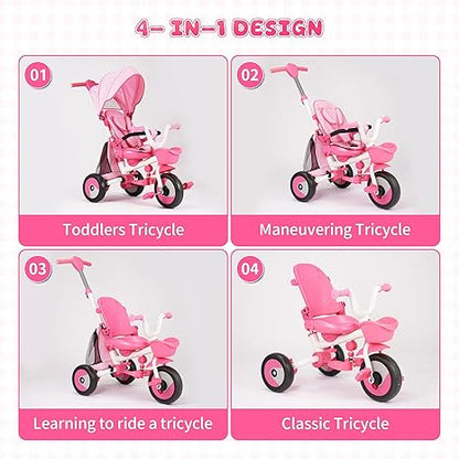 Baby Tricycle, 4-in-1 Folding Toddler Tricycle with Adjustable Parent Handle, Removable Canopy, Rotatable Seat, Safety Harness & Srorage, Kids Trike for 18 Months - 5 Year Old, Pink