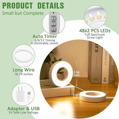 Ceiling Grow Light for Indoor Plants, 96 LEDs Full Spectrum LED Plant Light, 5V Plant Lamp with 4/8/12H Auto Switch, 4 Dimmable Brightness Levels, Ideal for Small Plants, Dual Head, Corded