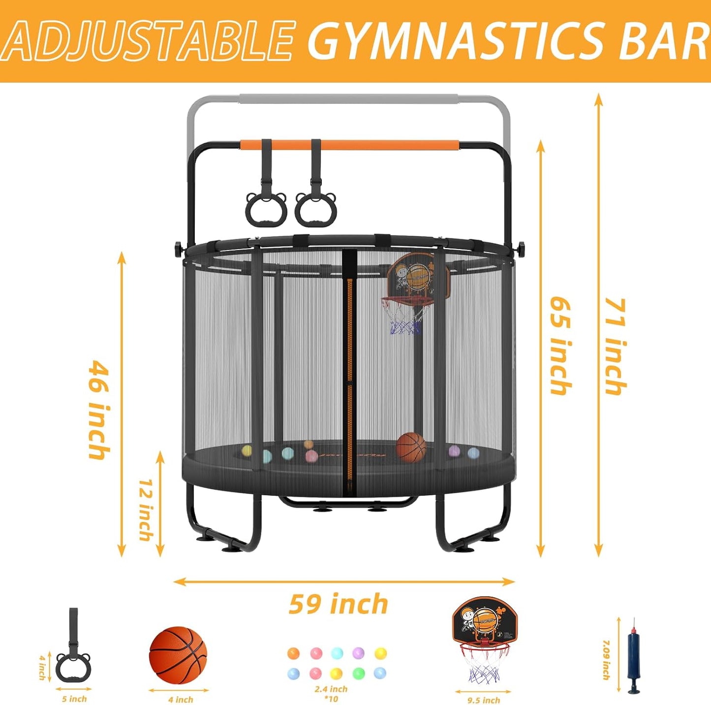 jumpfly 5ft/60'' Trampoline For Kids,Toddler Trampoline Indoor&OutDoor With Adjustable Gym Bar,Mini Kids Trampoline For Ages 1-6,Small Trampoline For Baby With Net,Gift, BastketBall Hoop