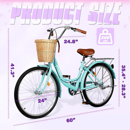 Beach Cruiser Bike for Adult, Womens Bicycle with Rattan Front Basket, 26 Inch Comfort Bikes with Adjustable Seat and Dual V-Brake, Green