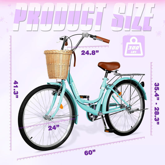 Beach Cruiser Bike for Adult, Womens Bicycle with Rattan Front Basket, 26 Inch Comfort Bikes with Adjustable Seat and Dual V-Brake, Green