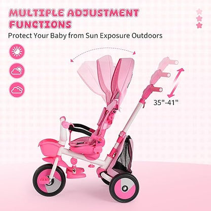 Baby Tricycle, 4-in-1 Folding Toddler Tricycle with Adjustable Parent Handle, Removable Canopy, Rotatable Seat, Safety Harness & Srorage, Kids Trike for 18 Months - 5 Year Old, Pink