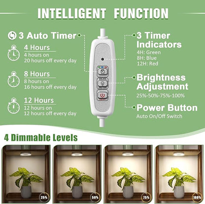Ceiling Grow Light for Indoor Plants, 96 LEDs Full Spectrum LED Plant Light, 5V Plant Lamp with 4/8/12H Auto Switch, 4 Dimmable Brightness Levels, Ideal for Small Plants, Dual Head, Corded