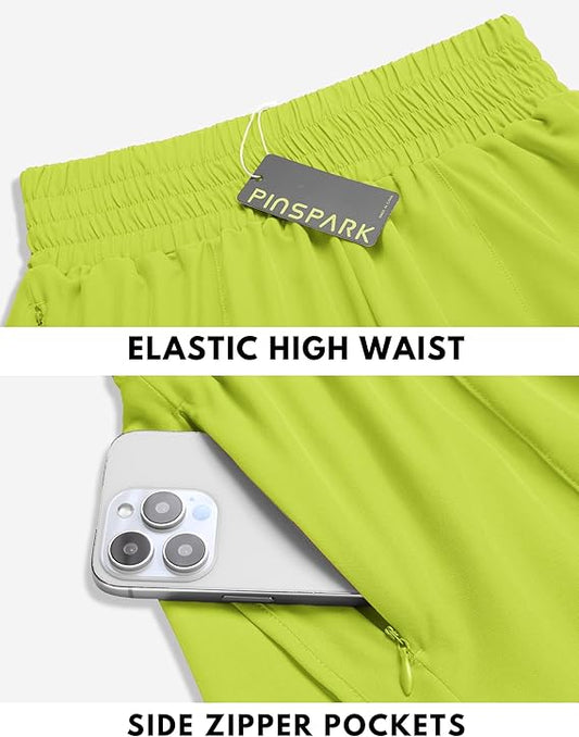 PINSPARK Athletic Shorts for Women Quick Dry Running Workout Gym Short High Waisted with Zip Pockets