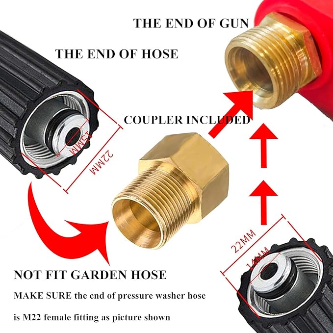 Pressure Washer Gun, Hourleey, Red High Power Washer Gun with Replacement Wand Extension, 5 Nozzle Tips, M22 Fittings, 40 Inch, 5000 PS