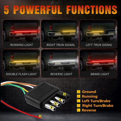 Tailgate Light Bar 60 Inch Triple Row Tail light bar for Pickup Trailer SUV RV VAN Full Function Red Brake White Reverse Amber Turn Signal double flash Light No Drill Install (60inch)