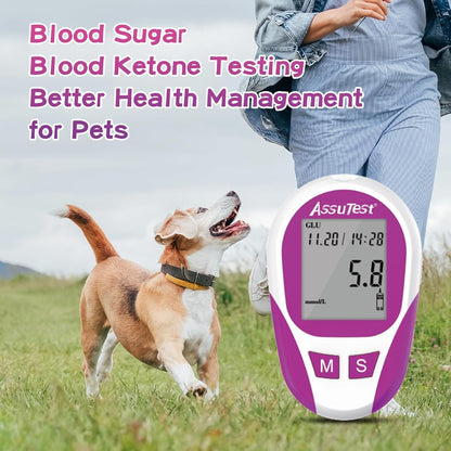 AssuTest® Blood Glucose & Blood Ketone Test Meter for Pets Cats and Dogs Diabetic Ketoacidosis Testing Monitor Kit - All in One Solution for in-Clinic or at Home, Comes with User Guide, Test Strips, Diary, and Case.